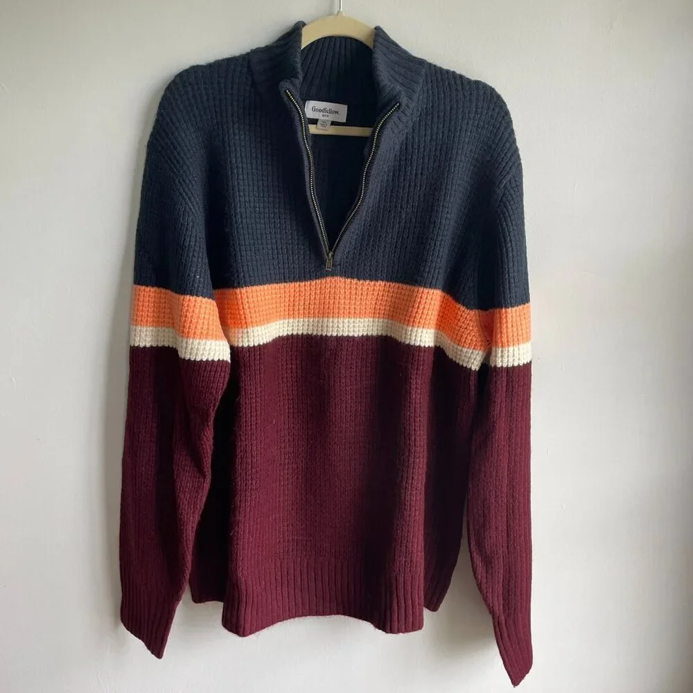 Goodfellow & Co - Men’s Striped Red & Blue Zip-Up Pullover Sweater - Men's XL​